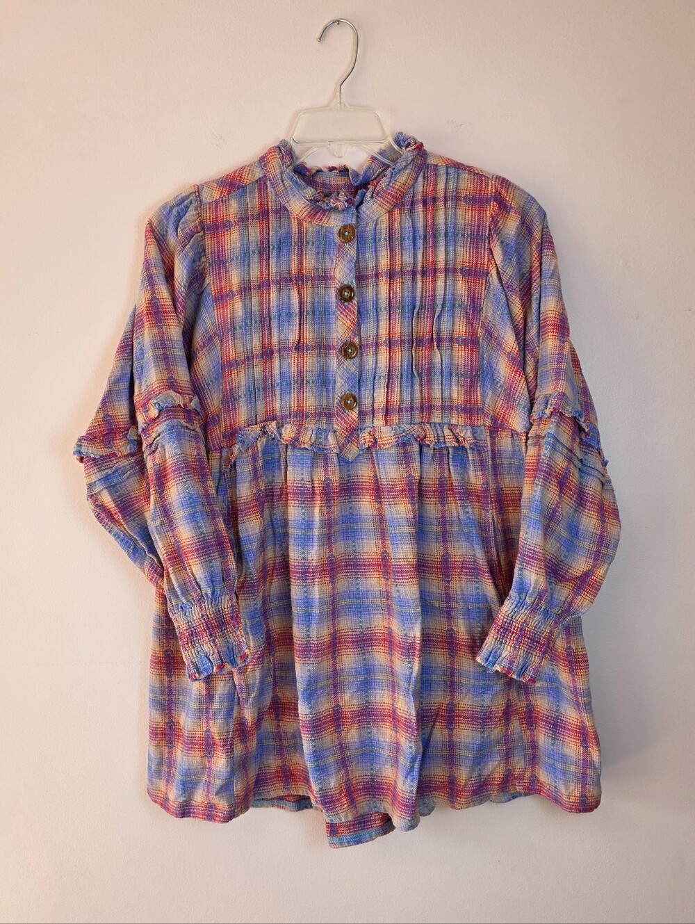Free People Pink Lavender Plaid Ruffle Tunic Dress - Picture 2 of 8